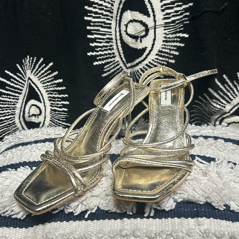 Stradivarius gold strap heel square toe sandal size 6